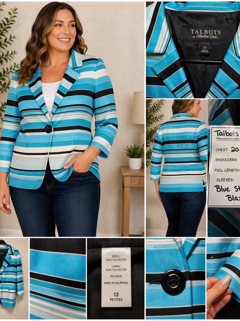 Talbots Striped Blazer‎ Jacket Career Office Wear Blue Black White Size 12